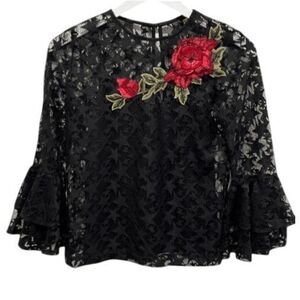 ALEXIA ADMOR black sheer top XS lace embroidered‎ romantic festival whimsigoth